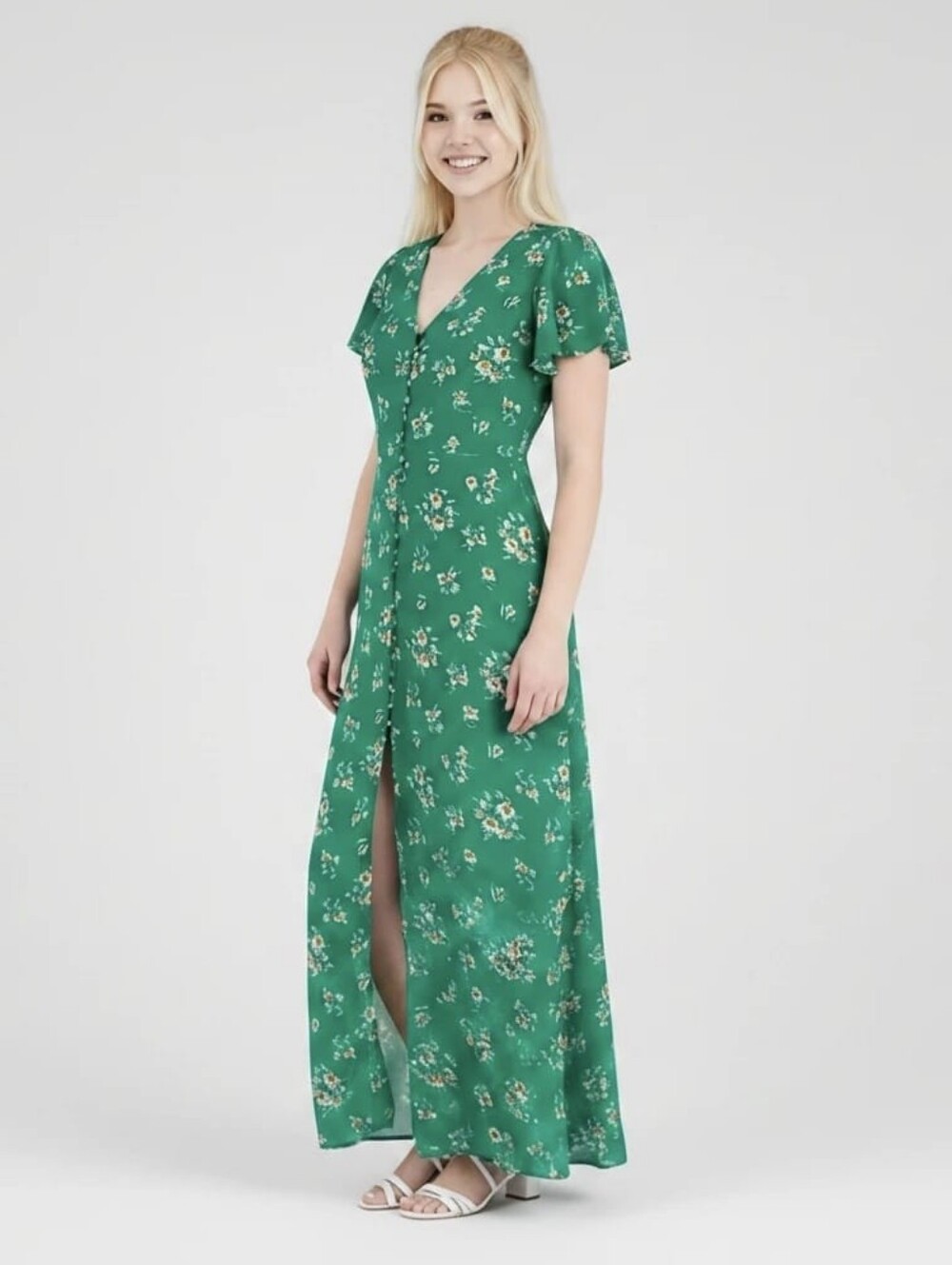 Green Floral Button-Front Maxi Dress